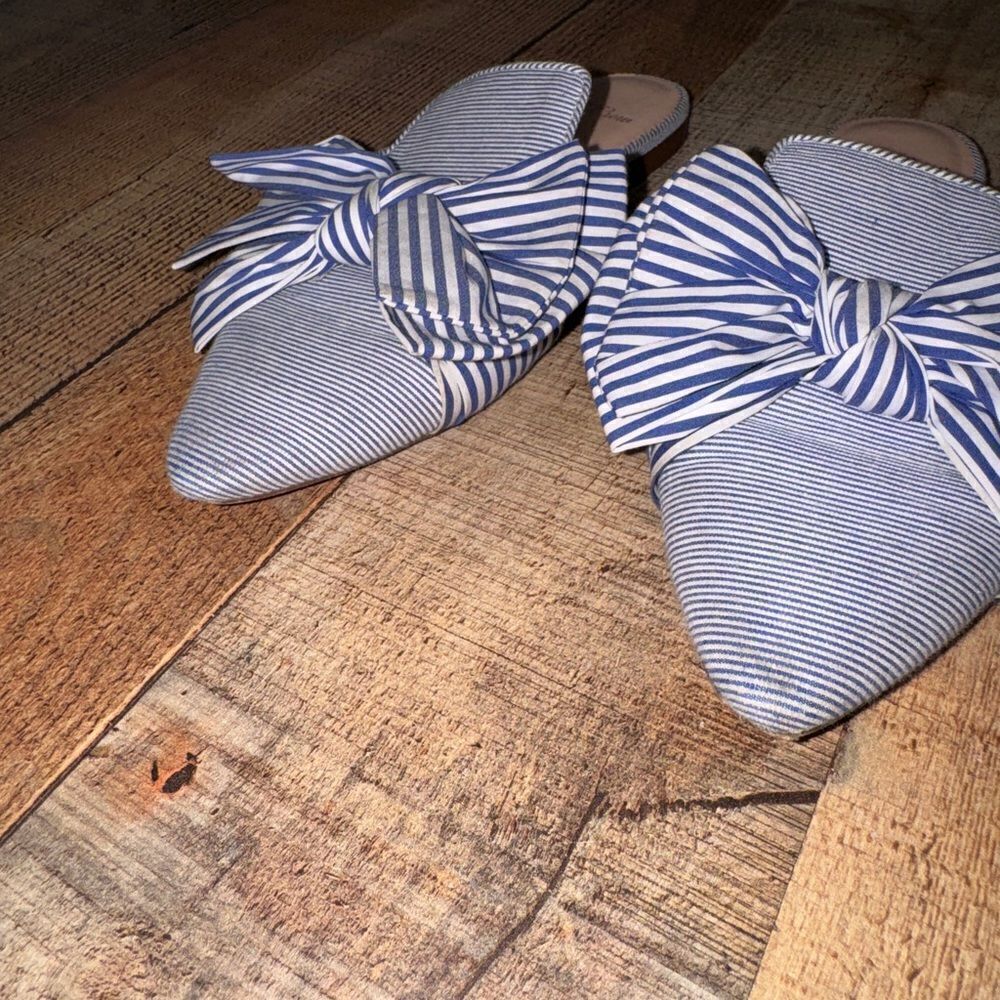 J.Crew Pointed Toe Mixed Stripe Bow Slides Blue White Mules Flats Fabric 7.5 - Picture 4 of 12